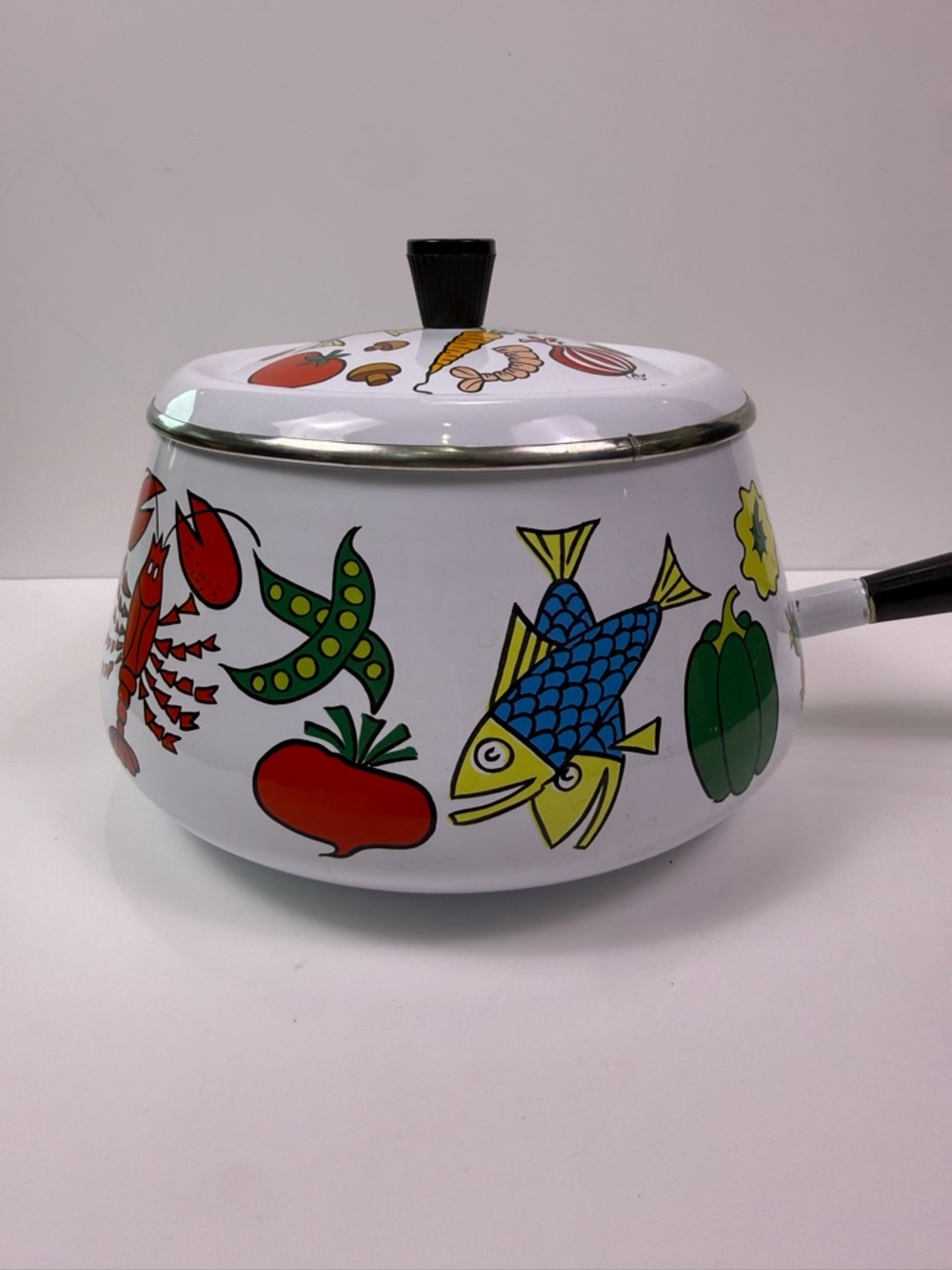 Vintage 70’s San Ignacio Enamel Fondue Pot Lid Seafood Vegetable Print No Stand - Picture 5 of 13